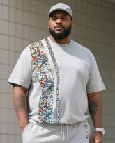 Men's Plus Size Fashion Grey Creative Stripe Print T-Shirt Shorts Suit